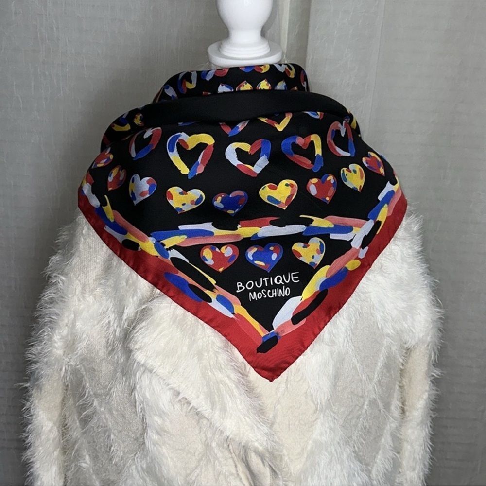 MOSCHINO Red Multicolored Hearts Silk Square Scarf